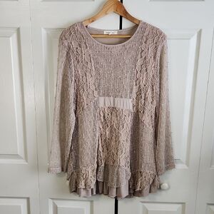 Indigo Soul Beige Lace Overlay Sheer Sleeve Tunic Top Size Med Fairy Cottagecore